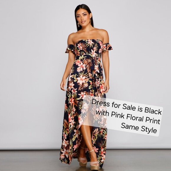 Windsor Tropical Sunsets Black Pink & Blue Floral Print Off Shoulder Maxi Dress